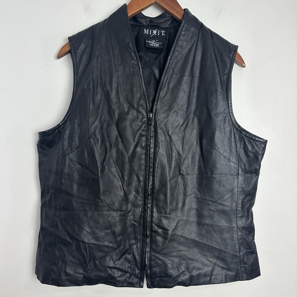 Womens Leather Full Zip Vest Soft Black Biker Motorcycle‎ Size 16